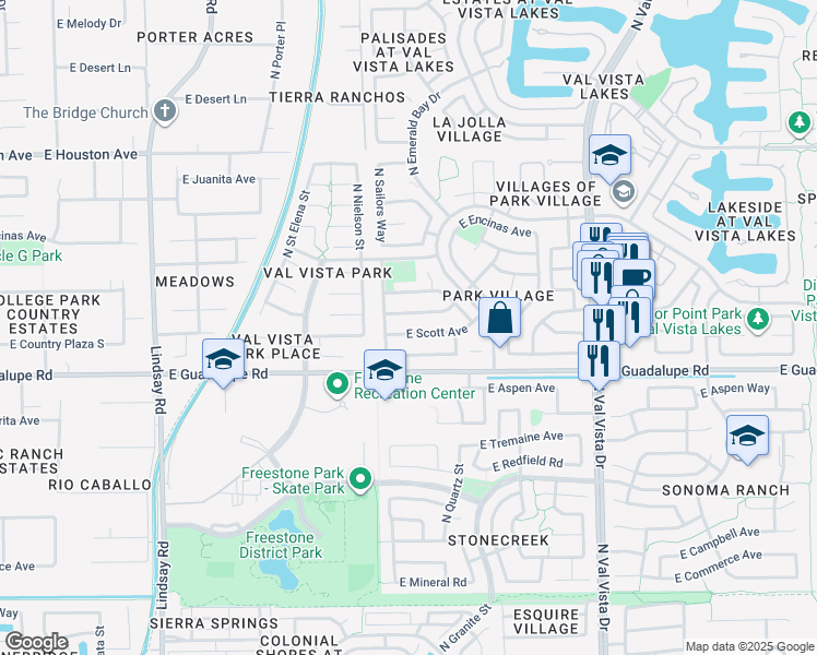 map of restaurants, bars, coffee shops, grocery stores, and more near 1232 East Scott Avenue in Gilbert
