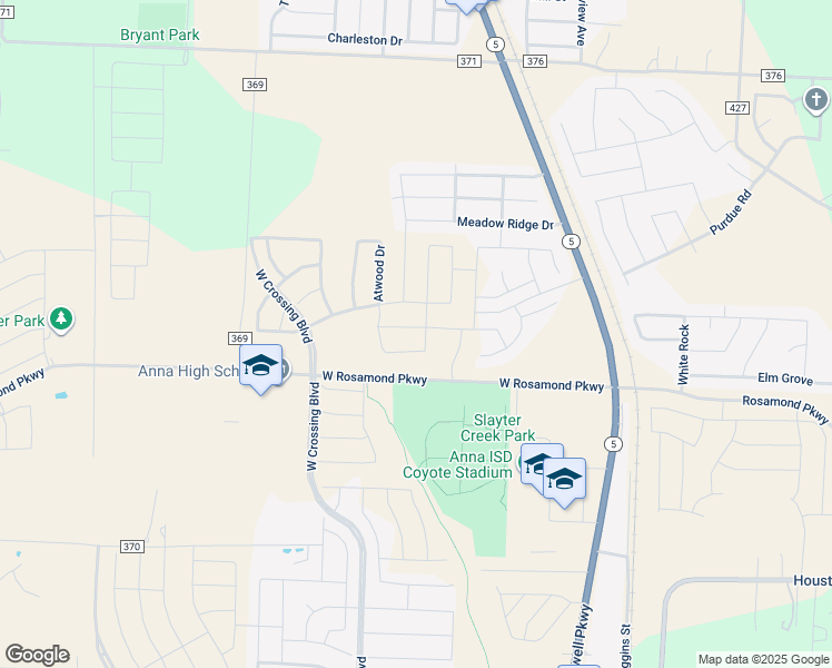 map of restaurants, bars, coffee shops, grocery stores, and more near West Rosamond Parkway in Anna