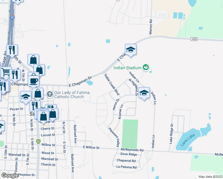map of restaurants, bars, coffee shops, grocery stores, and more near 1 Sable Creek Boulevard in Sanger