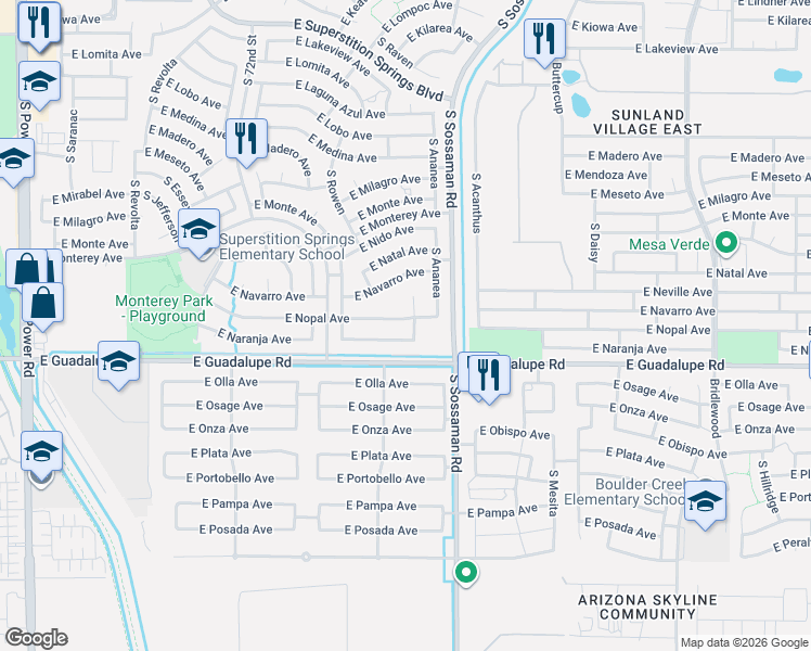 map of restaurants, bars, coffee shops, grocery stores, and more near 2739 South Sawyer Circle in Mesa