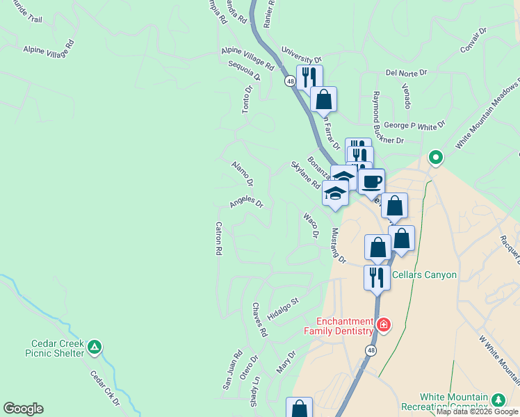 map of restaurants, bars, coffee shops, grocery stores, and more near 103 Angeles Drive in Ruidoso