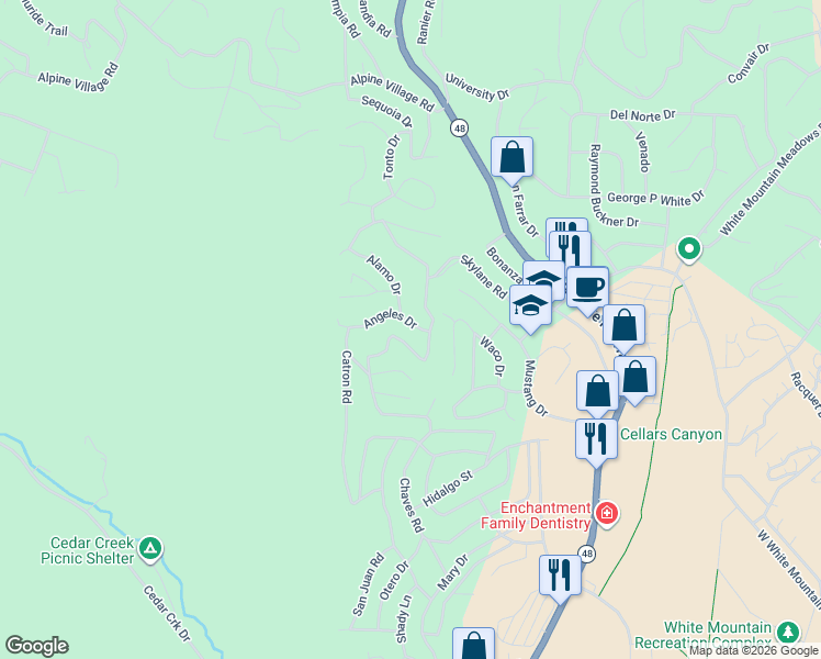 map of restaurants, bars, coffee shops, grocery stores, and more near 103 Angeles Drive in Ruidoso