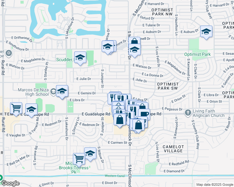 map of restaurants, bars, coffee shops, grocery stores, and more near 6116 South Willow Drive in Tempe