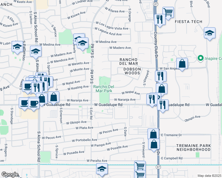 map of restaurants, bars, coffee shops, grocery stores, and more near 665 West Navarro Avenue in Mesa