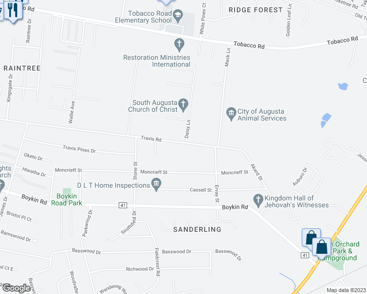 map of restaurants, bars, coffee shops, grocery stores, and more near 2218 Travis Road in Augusta