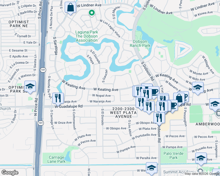 map of restaurants, bars, coffee shops, grocery stores, and more near 2308 West Keating Avenue in Mesa