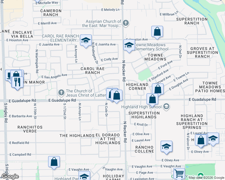 map of restaurants, bars, coffee shops, grocery stores, and more near 3923 East Harvard Avenue in Gilbert