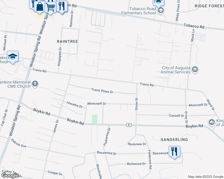 map of restaurants, bars, coffee shops, grocery stores, and more near 2355 Travis Pines Drive in Augusta