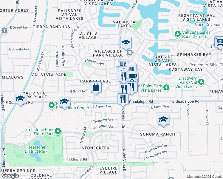 map of restaurants, bars, coffee shops, grocery stores, and more near 1534 East Scott Avenue in Gilbert