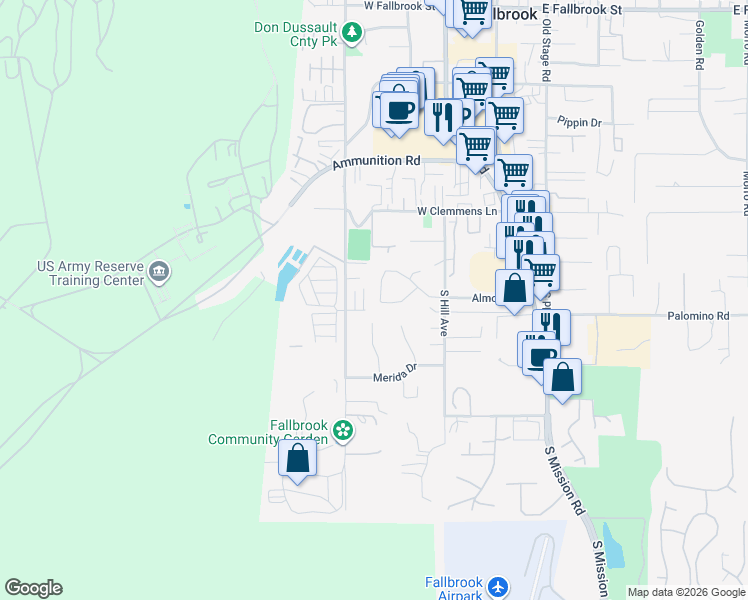 map of restaurants, bars, coffee shops, grocery stores, and more near 587 Poets Square in Fallbrook