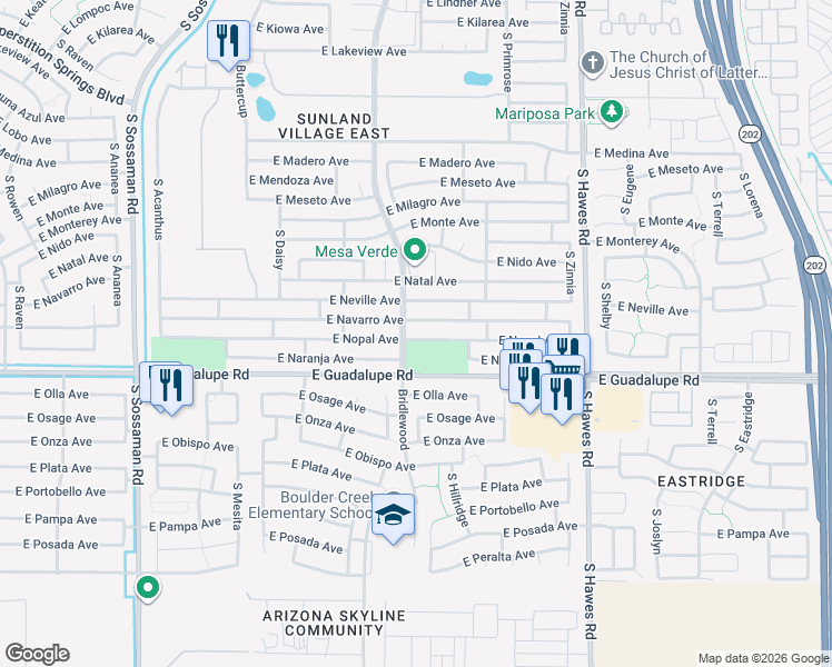 map of restaurants, bars, coffee shops, grocery stores, and more near 8026 East Nopal Avenue in Mesa