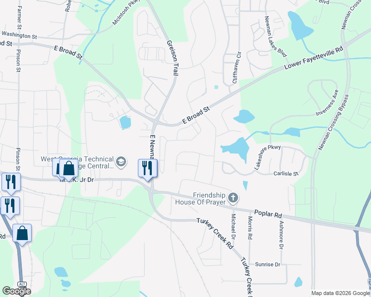 map of restaurants, bars, coffee shops, grocery stores, and more near 41 Tahoe Drive in Newnan