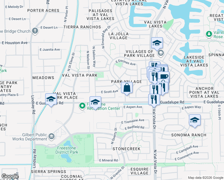 map of restaurants, bars, coffee shops, grocery stores, and more near 1320 East Scott Avenue in Gilbert