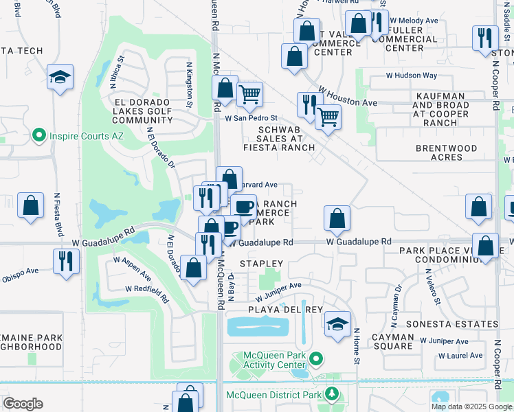 map of restaurants, bars, coffee shops, grocery stores, and more near 1482 West Scott Avenue in Gilbert