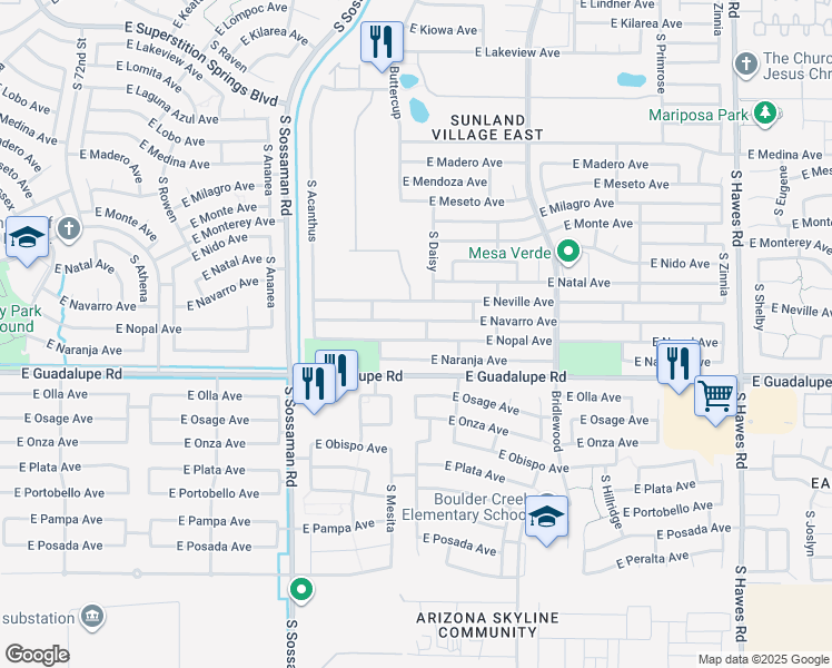 map of restaurants, bars, coffee shops, grocery stores, and more near 7818 East Nopal Avenue in Mesa