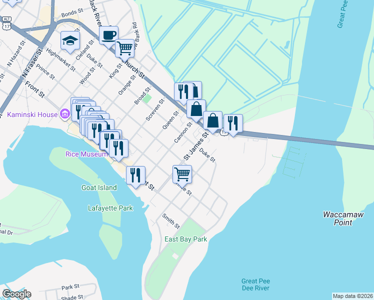 map of restaurants, bars, coffee shops, grocery stores, and more near 317 Saint James Street in Georgetown