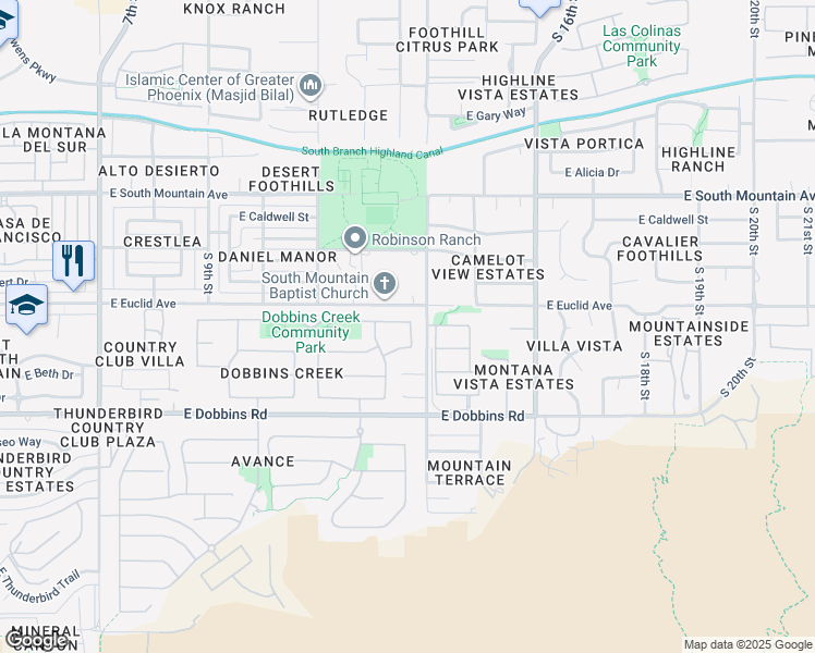 map of restaurants, bars, coffee shops, grocery stores, and more near 1341 East Pedro Road in Phoenix