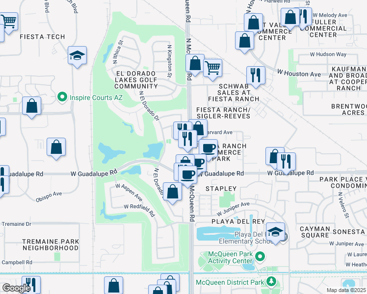 map of restaurants, bars, coffee shops, grocery stores, and more near 904 N McQueen Rd in Gilbert