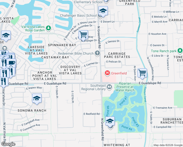 map of restaurants, bars, coffee shops, grocery stores, and more near 2235 East Cortez Drive in Gilbert