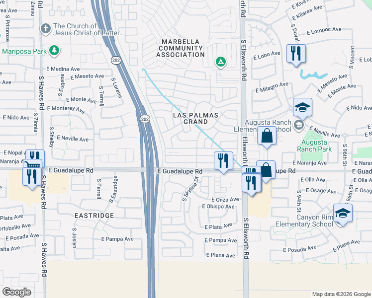 map of restaurants, bars, coffee shops, grocery stores, and more near 2625-2651 S 206th St in Mesa