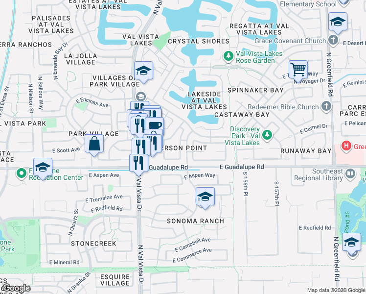 map of restaurants, bars, coffee shops, grocery stores, and more near 830 North Ahoy Drive in Gilbert