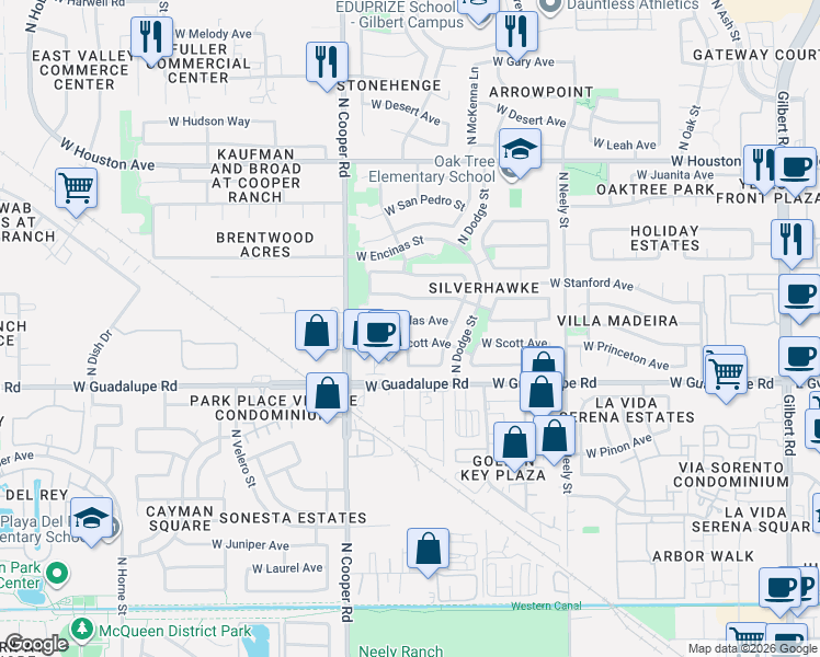 map of restaurants, bars, coffee shops, grocery stores, and more near 660 West Scott Avenue in Gilbert