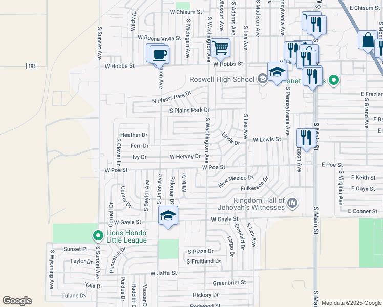 map of restaurants, bars, coffee shops, grocery stores, and more near 709 West Hervey Drive in Roswell