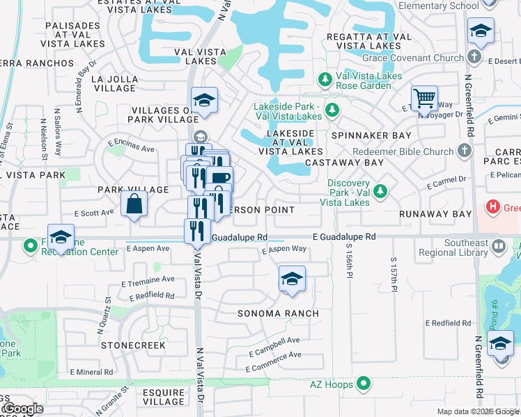 map of restaurants, bars, coffee shops, grocery stores, and more near 830 North Ahoy Drive in Gilbert