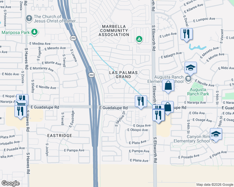 map of restaurants, bars, coffee shops, grocery stores, and more near 2625-2651 S 206th St in Mesa