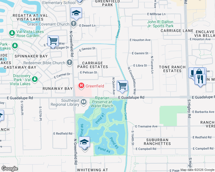 map of restaurants, bars, coffee shops, grocery stores, and more near 2635 East Pegasus Street in Gilbert