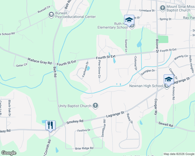map of restaurants, bars, coffee shops, grocery stores, and more near 84 Pine Grove Circle in Newnan