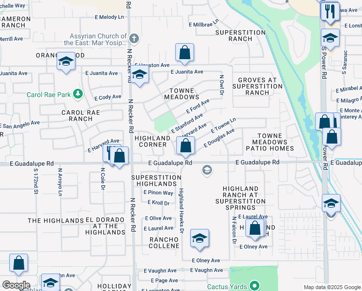 map of restaurants, bars, coffee shops, grocery stores, and more near 832 North Pheasant Drive in Gilbert