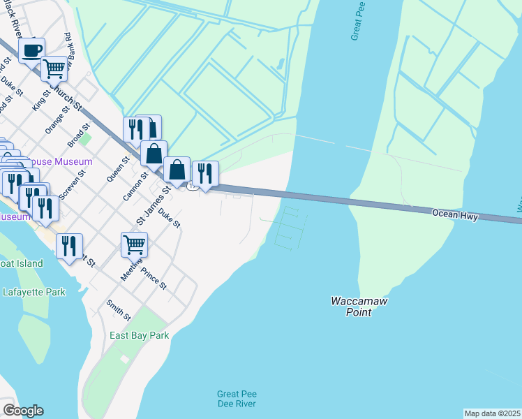 map of restaurants, bars, coffee shops, grocery stores, and more near 444 Marina Drive in Georgetown