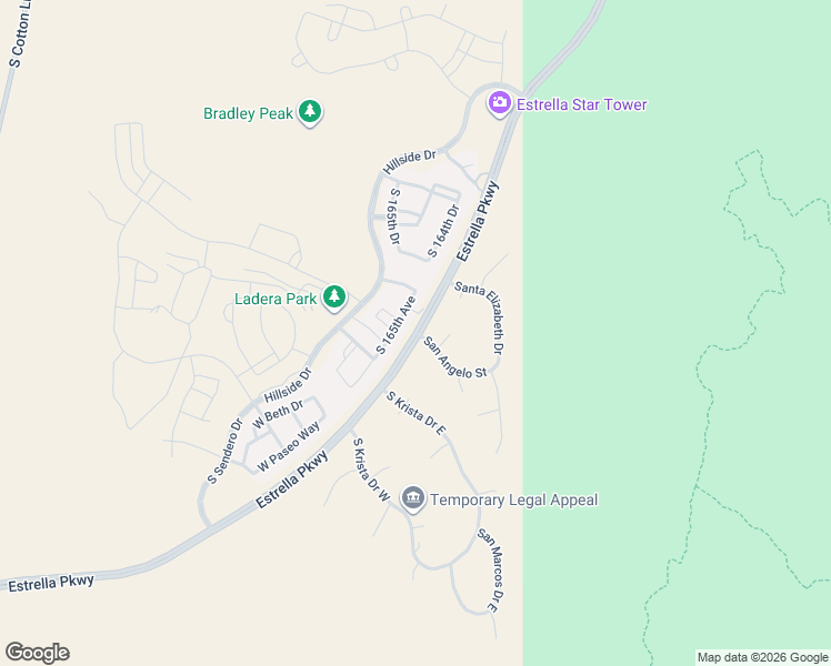 map of restaurants, bars, coffee shops, grocery stores, and more near 9100 Estrella Parkway in Goodyear