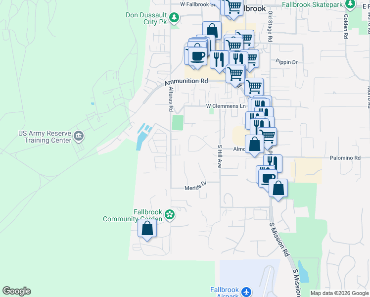 map of restaurants, bars, coffee shops, grocery stores, and more near 587 Poets Square in Fallbrook