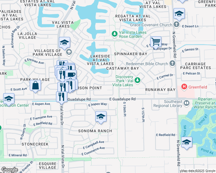 map of restaurants, bars, coffee shops, grocery stores, and more near 1926 East Cortez Drive in Gilbert