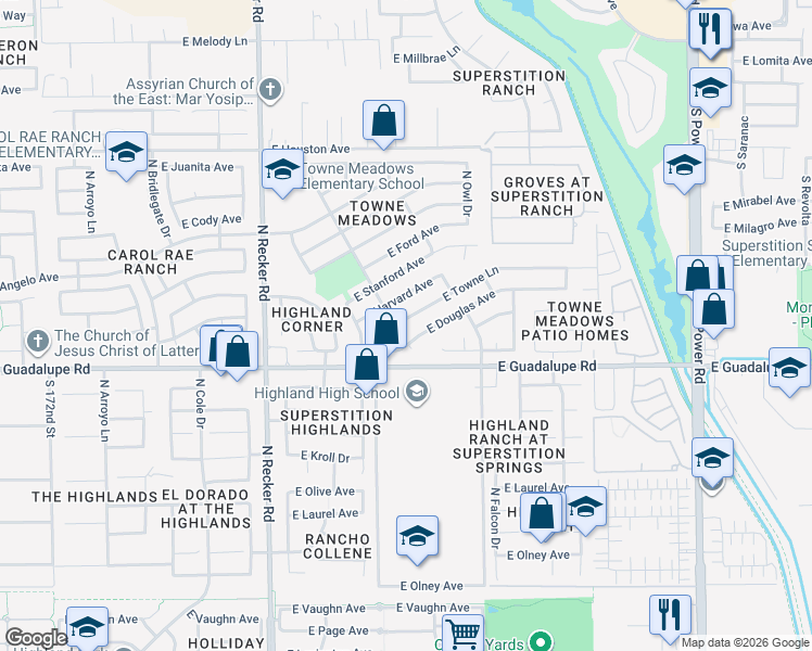 map of restaurants, bars, coffee shops, grocery stores, and more near 4232 East Douglas Avenue in Gilbert