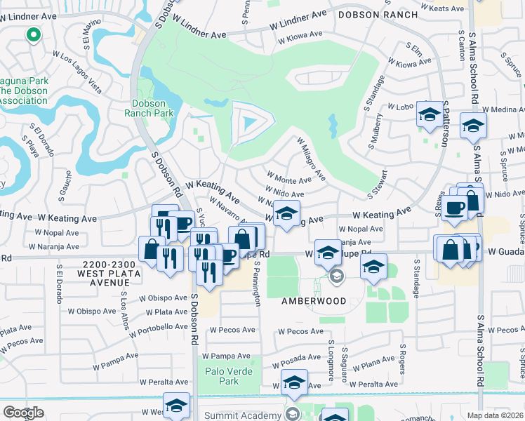 map of restaurants, bars, coffee shops, grocery stores, and more near 1815 West Keating Avenue in Mesa