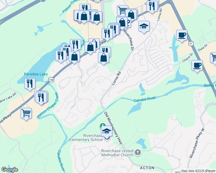 map of restaurants, bars, coffee shops, grocery stores, and more near 5822 Summer Place Parkway in Hoover