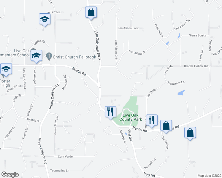 map of restaurants, bars, coffee shops, grocery stores, and more near 2454 Reche Road in Fallbrook