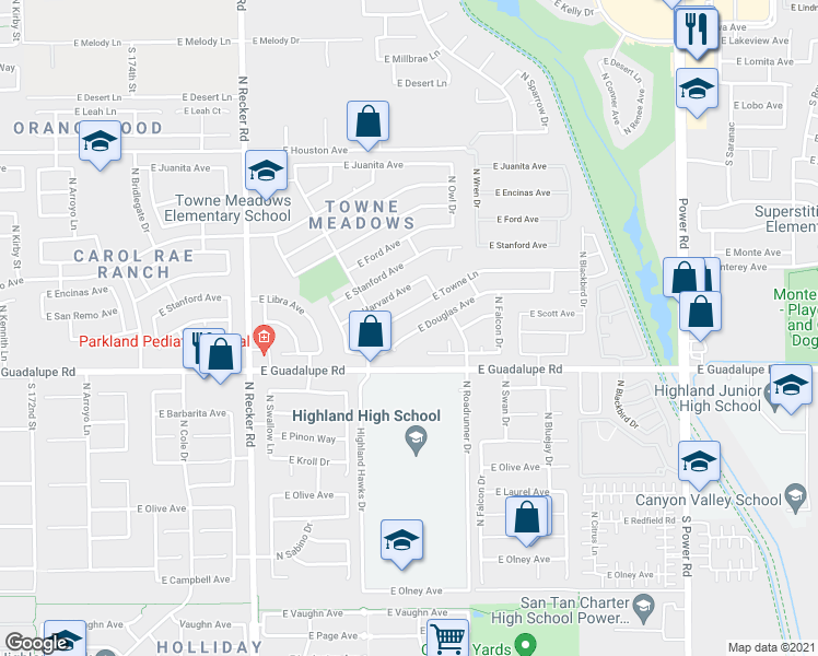 map of restaurants, bars, coffee shops, grocery stores, and more near 4250 East Douglas Avenue in Gilbert