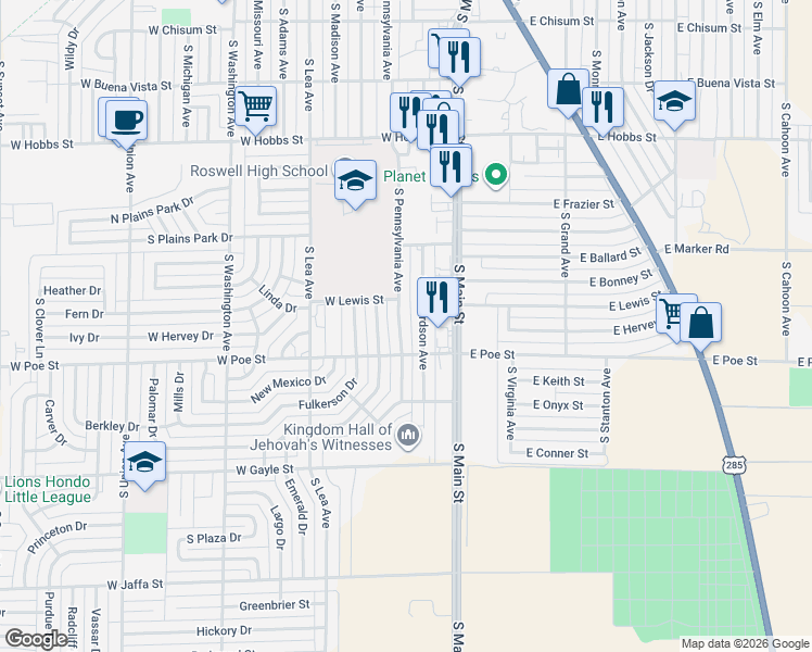 map of restaurants, bars, coffee shops, grocery stores, and more near 2008 South Richardson Avenue in Roswell