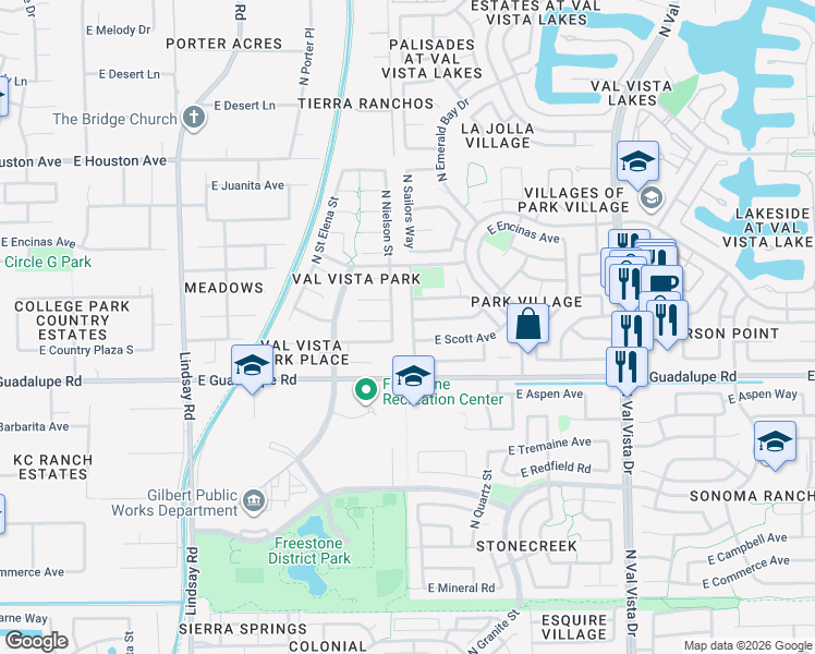 map of restaurants, bars, coffee shops, grocery stores, and more near 841 North Nielson Street in Gilbert