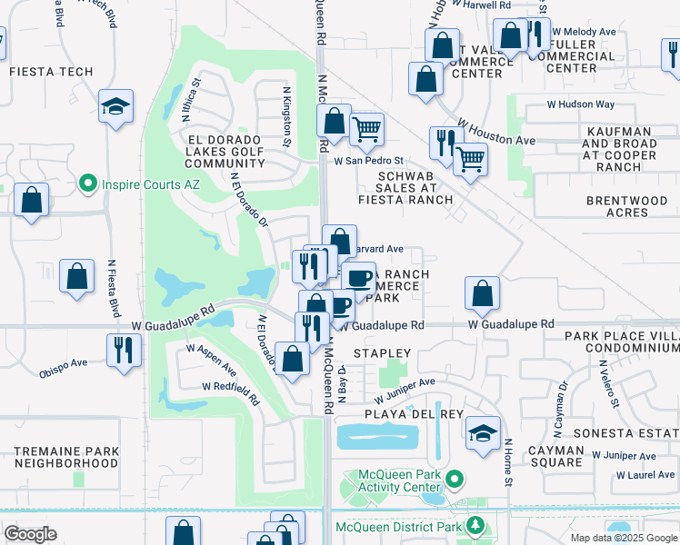 map of restaurants, bars, coffee shops, grocery stores, and more near Bay Drive in Gilbert
