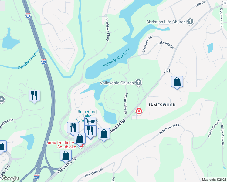 map of restaurants, bars, coffee shops, grocery stores, and more near 5217 Overlook Circle in Hoover