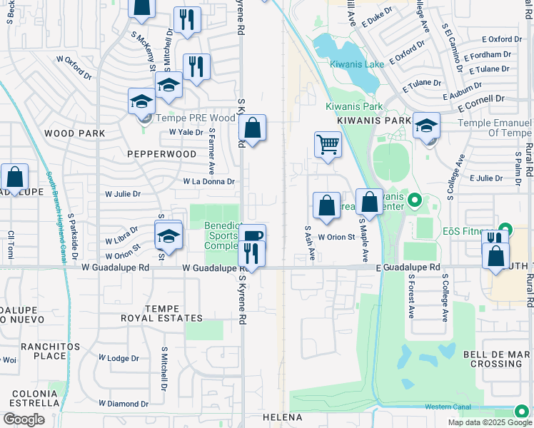 map of restaurants, bars, coffee shops, grocery stores, and more near 424 W Orion St in Tempe