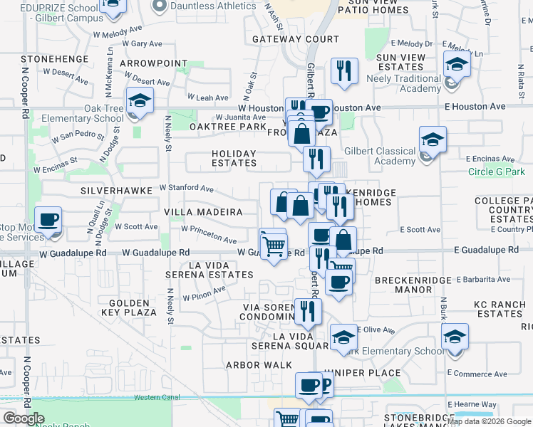 map of restaurants, bars, coffee shops, grocery stores, and more near 868 North Gilbert Road in Gilbert
