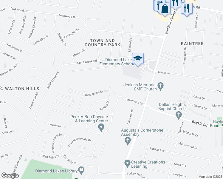 map of restaurants, bars, coffee shops, grocery stores, and more near 2802 Ashton Drive in Hephzibah