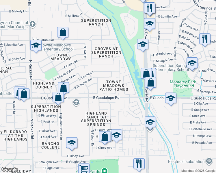 map of restaurants, bars, coffee shops, grocery stores, and more near 4531 East Mockingbird Drive in Gilbert