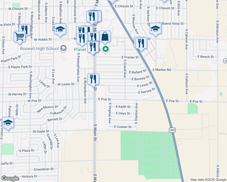 map of restaurants, bars, coffee shops, grocery stores, and more near 208 East Hervey Street in Roswell